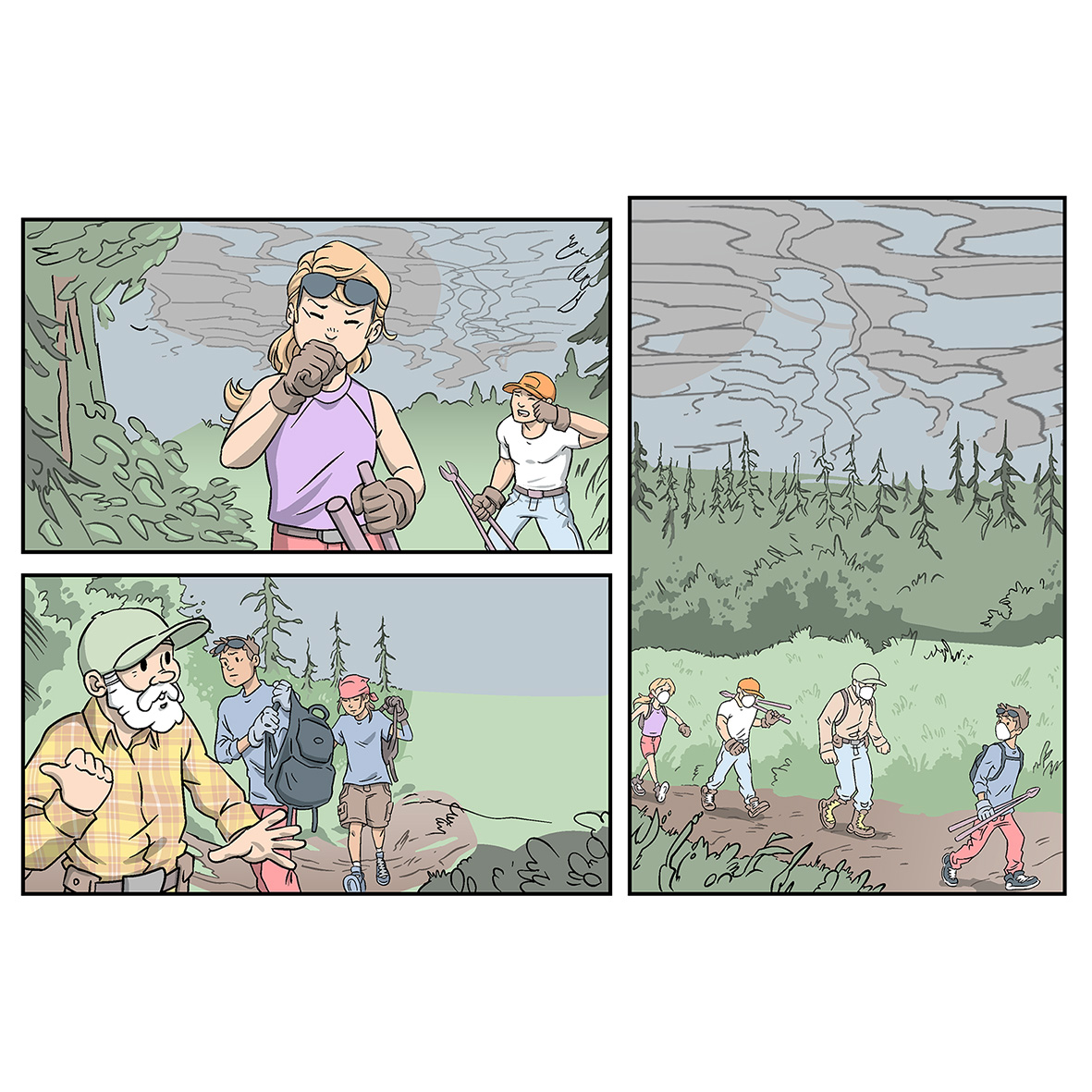 Three comic panels with no text. In the top left a woman coughs in a smoky woods, in the lower and right panels people are walking down a trail. In the right panel they are wearing masks.
